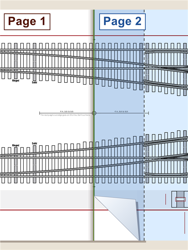Page 2 laid over the end of page 1, its cut edge on page 1's guide line